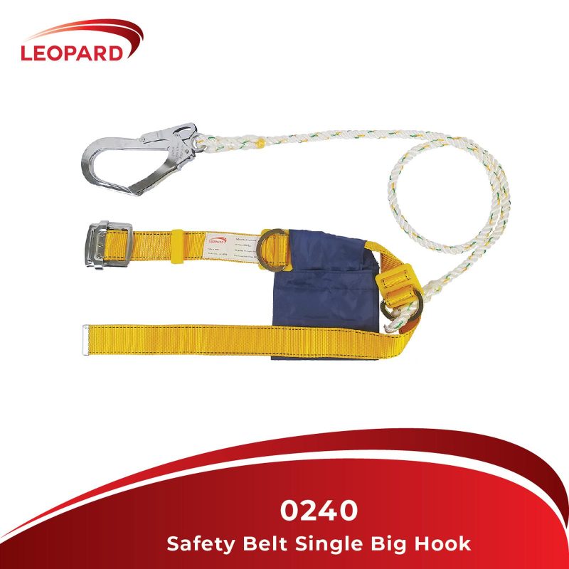 Fitur - Fitur Safety Belt Single Big Hook "LEOPARD" 0240 -D-Ring, berfungsi untuk penyambung yang dapat dipasangkan Lanyard -Hook, Berfungsi untuk sebagai pengait pada konektor -Buckle, Berfungsi untuk sistem penguncian antara webbing -Tool Bag, Berfungsi sebagai penyimpanan alat-alat kerja Spesifikasi Model : Safety Belt Wenning Material : Polyester Size : Universal Retractable : No Tool Bag : Yes Buckle : Standard Hook : Single Big Hook Dring : Double Rope Grab : No