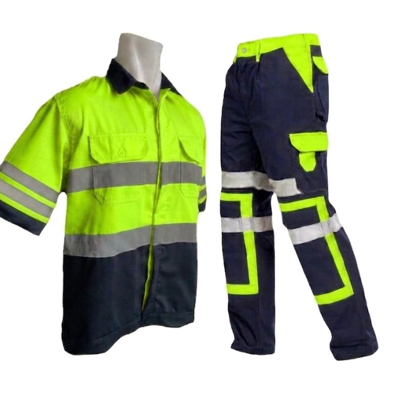 BAJU CELANA SAFETY SHCOTLIGTE KOMBINASI HIJAU HITAM BAHAN AMERICAN DRILL PREMIUM