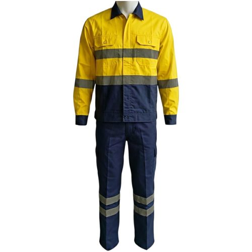 SETELAN BAJU CELANA SAFETY KOMBINASI KUNING NAVY BAHAN AMERICAN DRILL