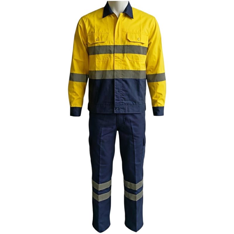 SETELAN BAJU CELANA SAFETY KOMBINASI KUNING NAVY BAHAN AMERICAN DRILL