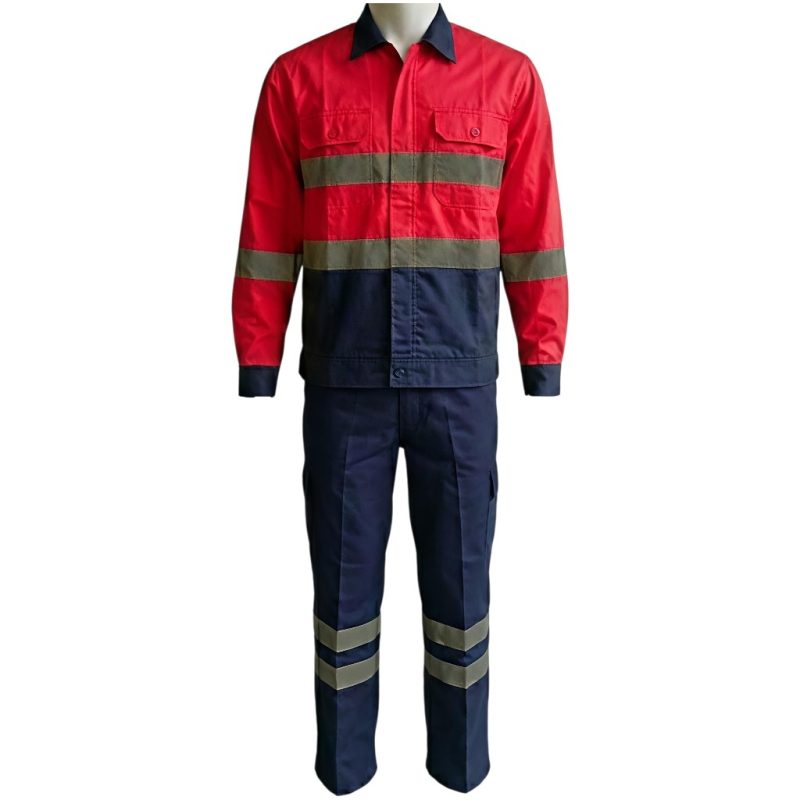 SERAGAM BAJU CELANA SAFETY KOMBINASI MERAH NAVY BAHAN AMERICAN DRILL