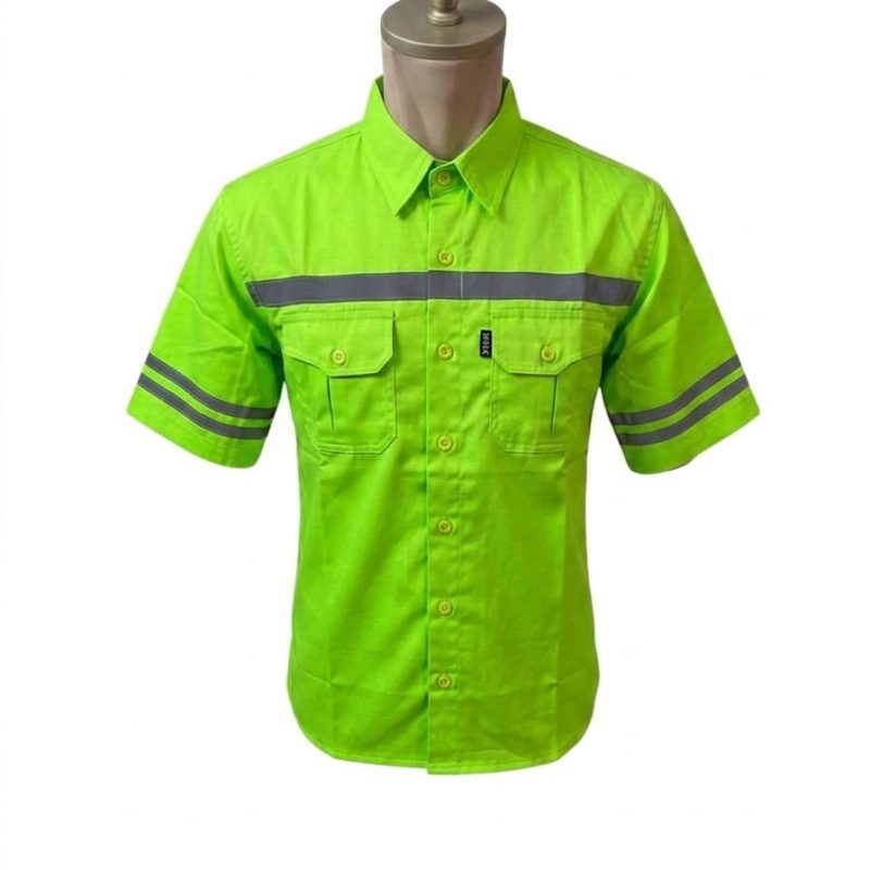 BAJU SAFETY LENGAN PENDEK WARNA HIJAU STABILO BAHAN AMERICAN DRILL