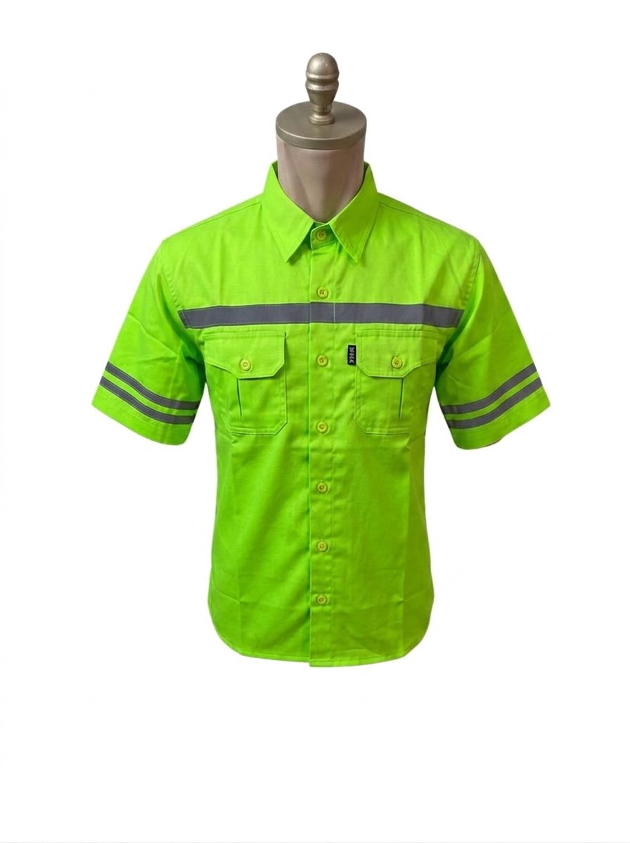 BAJU SAFETY LENGAN PENDEK WARNA HIJAU STABILO BAHAN AMERICAN DRILL