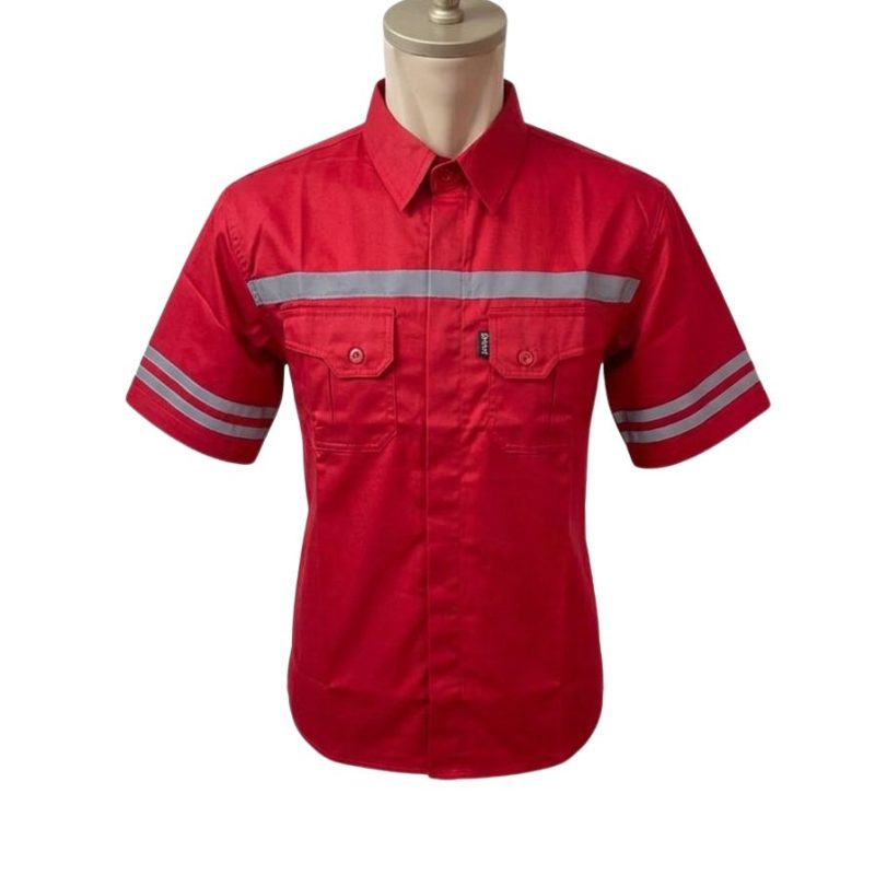 BAJU SAFETY LENGAN PENDEK WARNA MERAH BAHAN AMRICAN DRILL