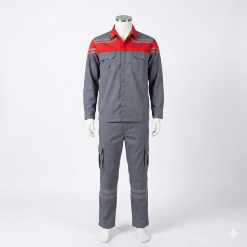 SERAGAM SAFETY WARNA ABU ABU MERAH BAHAN AMERICAN DRILL